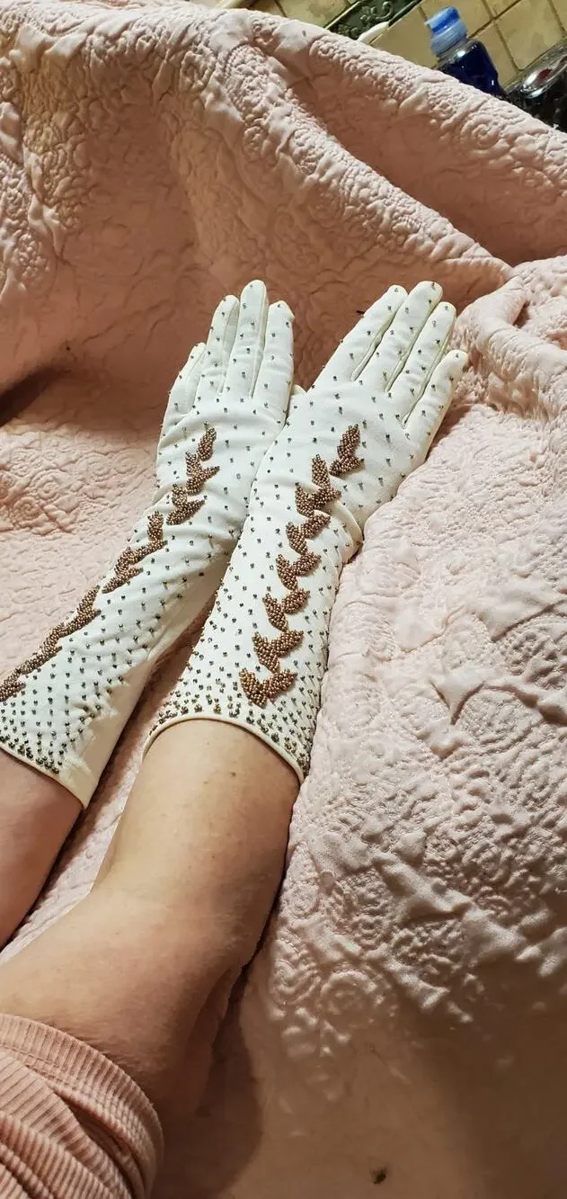 Vintage 40s-50s Hand Beaded Evening Long Gloves Made In Crown Colony Hong Kong